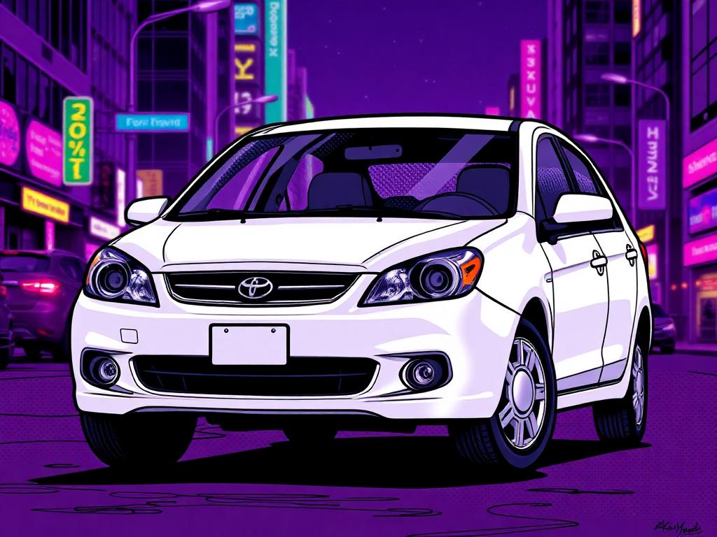 Comic illustrated white economy sedan rental car
