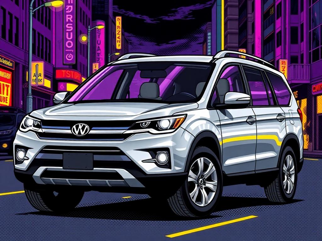 Comic illustrated silver 7 seater family SUV rental
