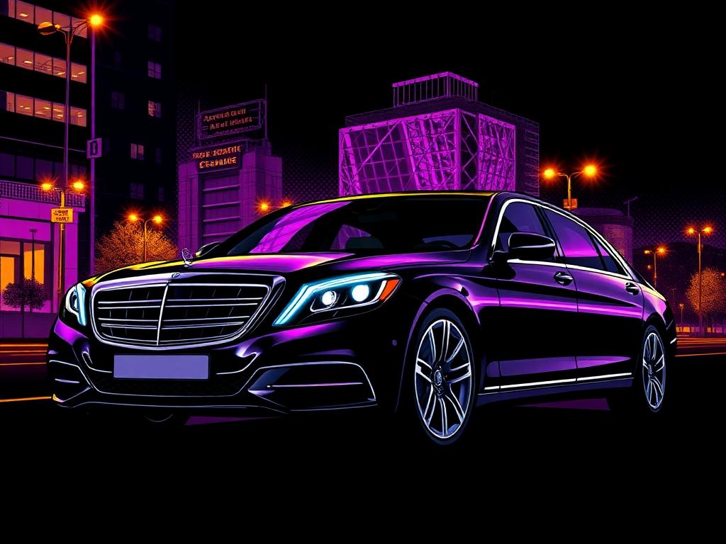 Comic illustrated black luxury sedan rental