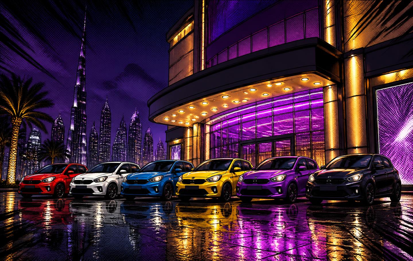 Quick Lease fleet parked outside a Dubai cinema at night with neon reflections