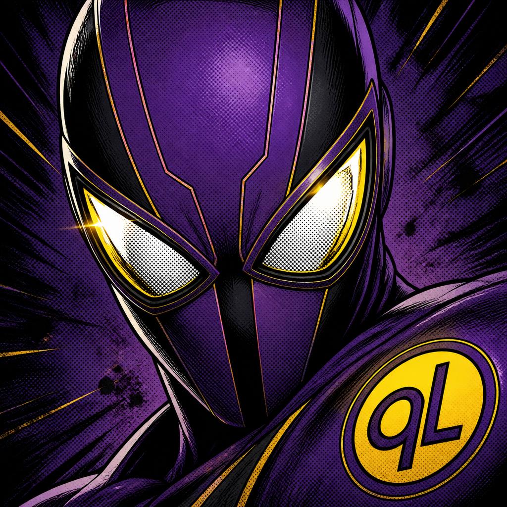Quick Lease masked hero close-up with the ql emblem on his suit