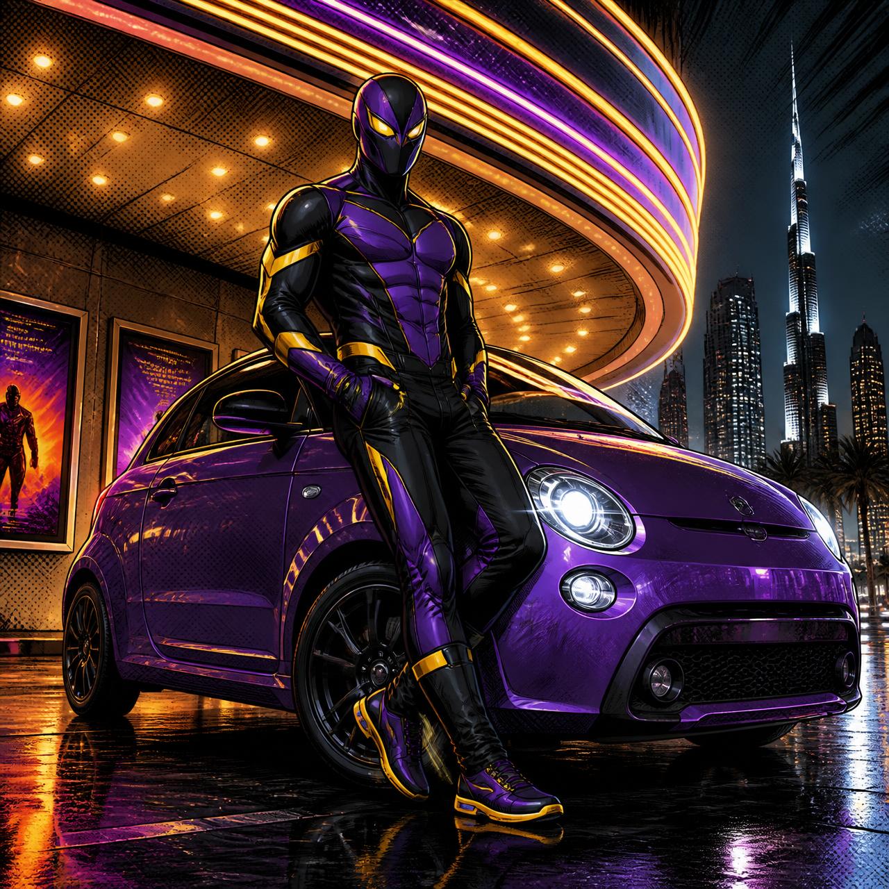 Original masked hero in a purple and black racing suit beside a purple rental car outside a Dubai cinema